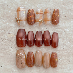 ネイルチップ＊ガーリー チェック リボン オレンジ ゴールドフラッシュ