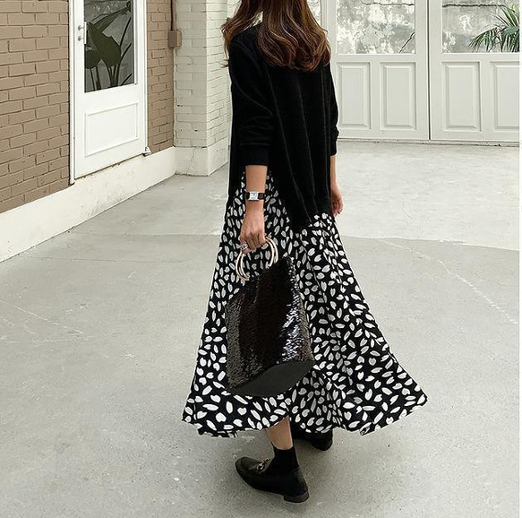 大きいサイズ　レディース　ワンピース　ドッキング　ロング　長袖 3枚目の画像