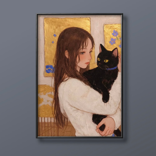 絵画 | イラストポスター 345☆ 【女の子と黒猫ちゃん】 絵画 アカザ麦