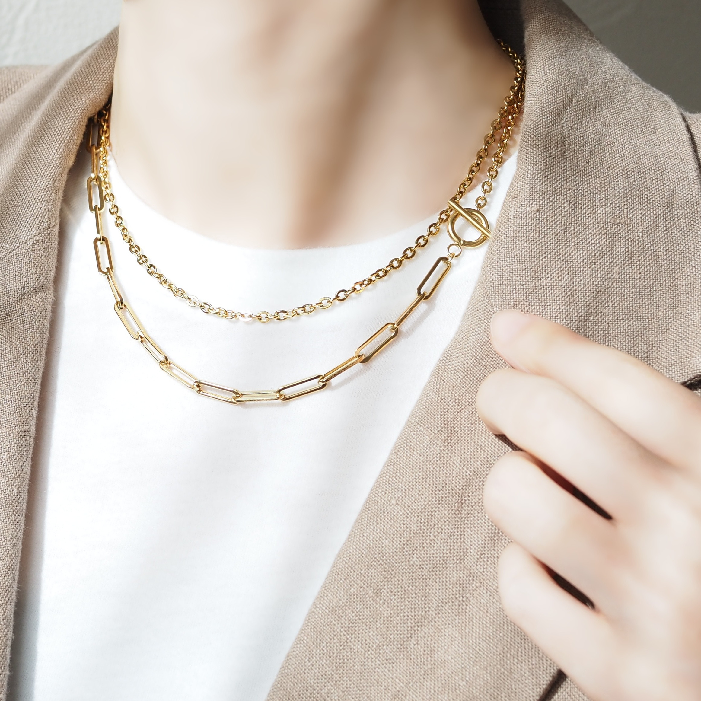 金属アレルギー対応! ゴールド＊アズキ＆リンクチェーンのマンテルロングネックレス/サージカルステンレス316L