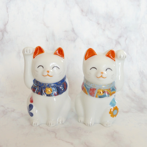 オリエンタル風招き猫（ペア） 磁器 ポーセラーツ 招き猫 fee