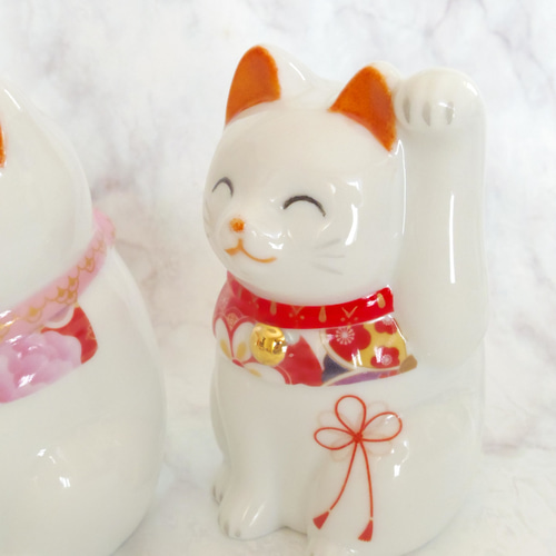 和柄の招き猫（ペア） 磁器 ポーセラーツ 招き猫 fee des neiges