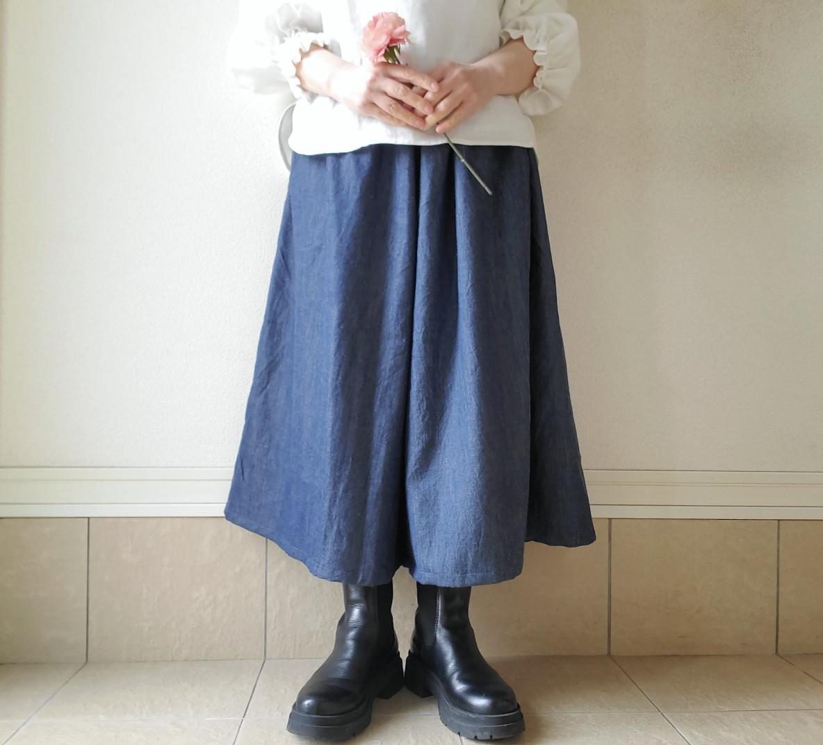 《岡山デニム》ゆったり軽くて心地よい♡スカートみたいな大人のギャザーパンツ　柔らかくストレスフリー　ポケ丈選べます