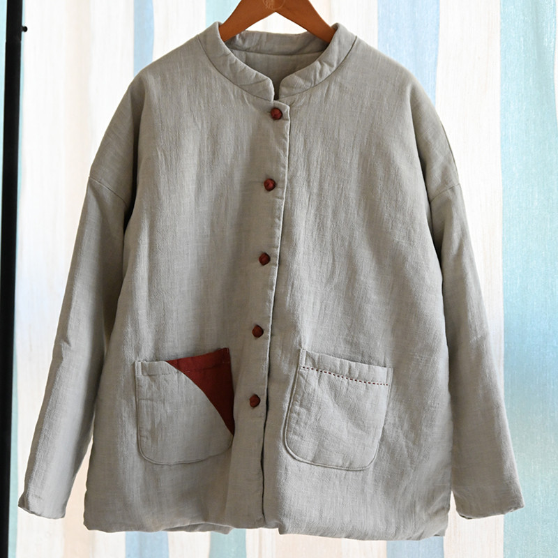 綿麻中綿ジャケット　チャイナ風暖かいジャケット　砂洗いレトロ　ベージュとレンガ色　　フリーサイズ　L502
