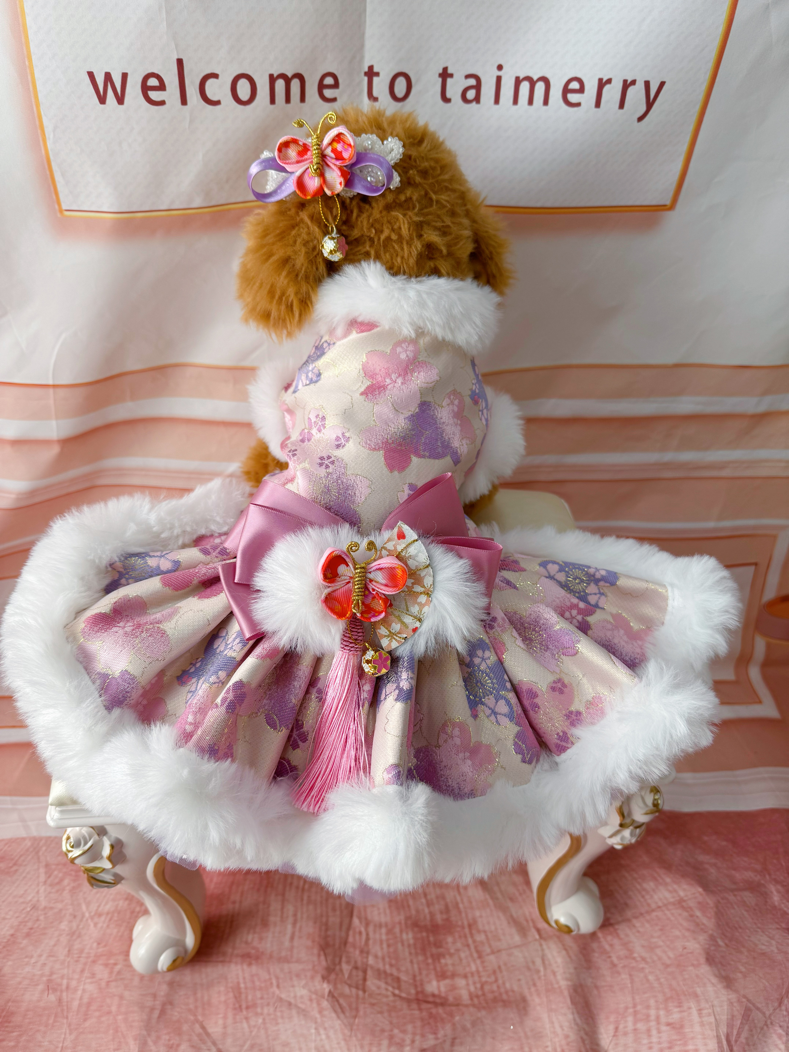 犬猫うさちゃん服 【即納OK】和♡ドレス〜ピンク紫　　　　　　防寒に！お出かけに！コートとしてもOK！2wayワンピース