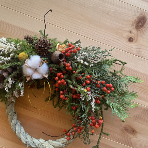 豪華 特大 38x28cm 正月飾り しめ縄 金 ツルウメモドキ 木の実