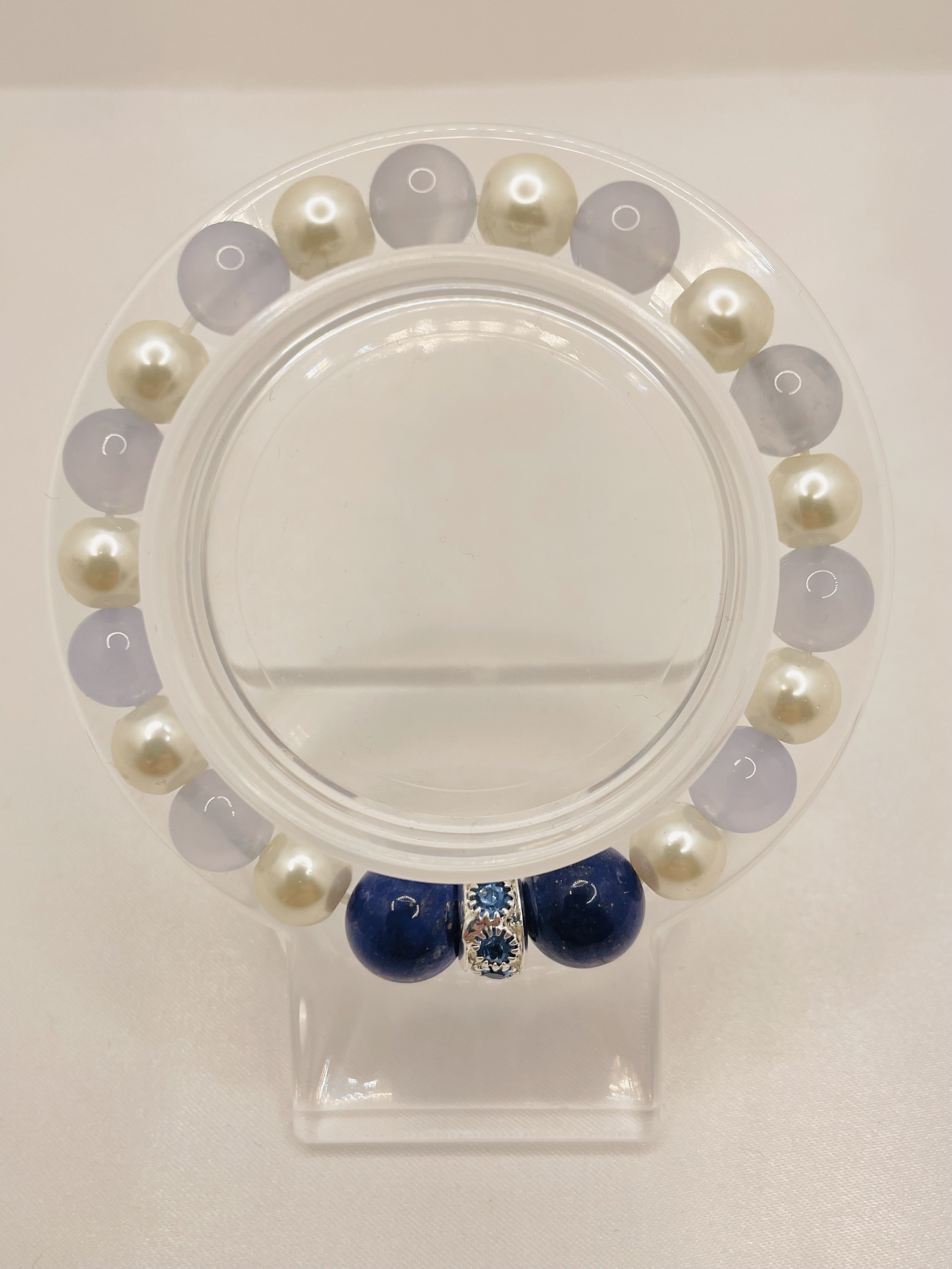 【天然石ブレスレット】内径15cm ラピスラズリ/ブルーレースアゲート/淡水パール