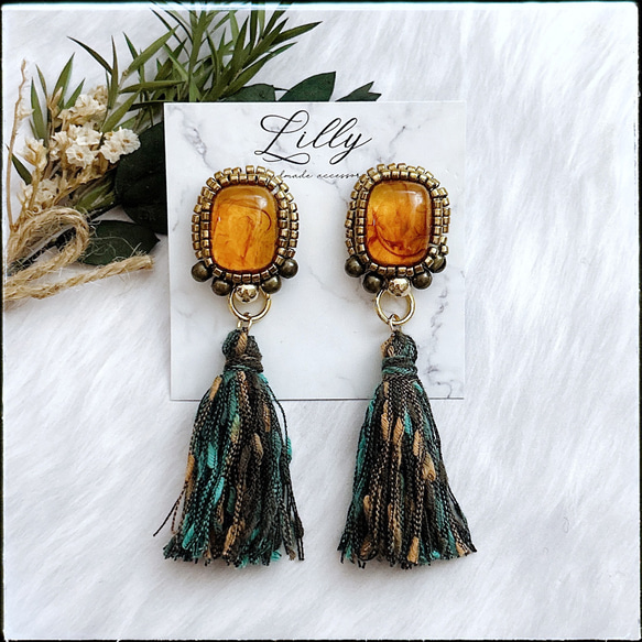 大ぶりピアス/ビーズ刺繍/タッセル/アンティーク/グリーン/ピアス