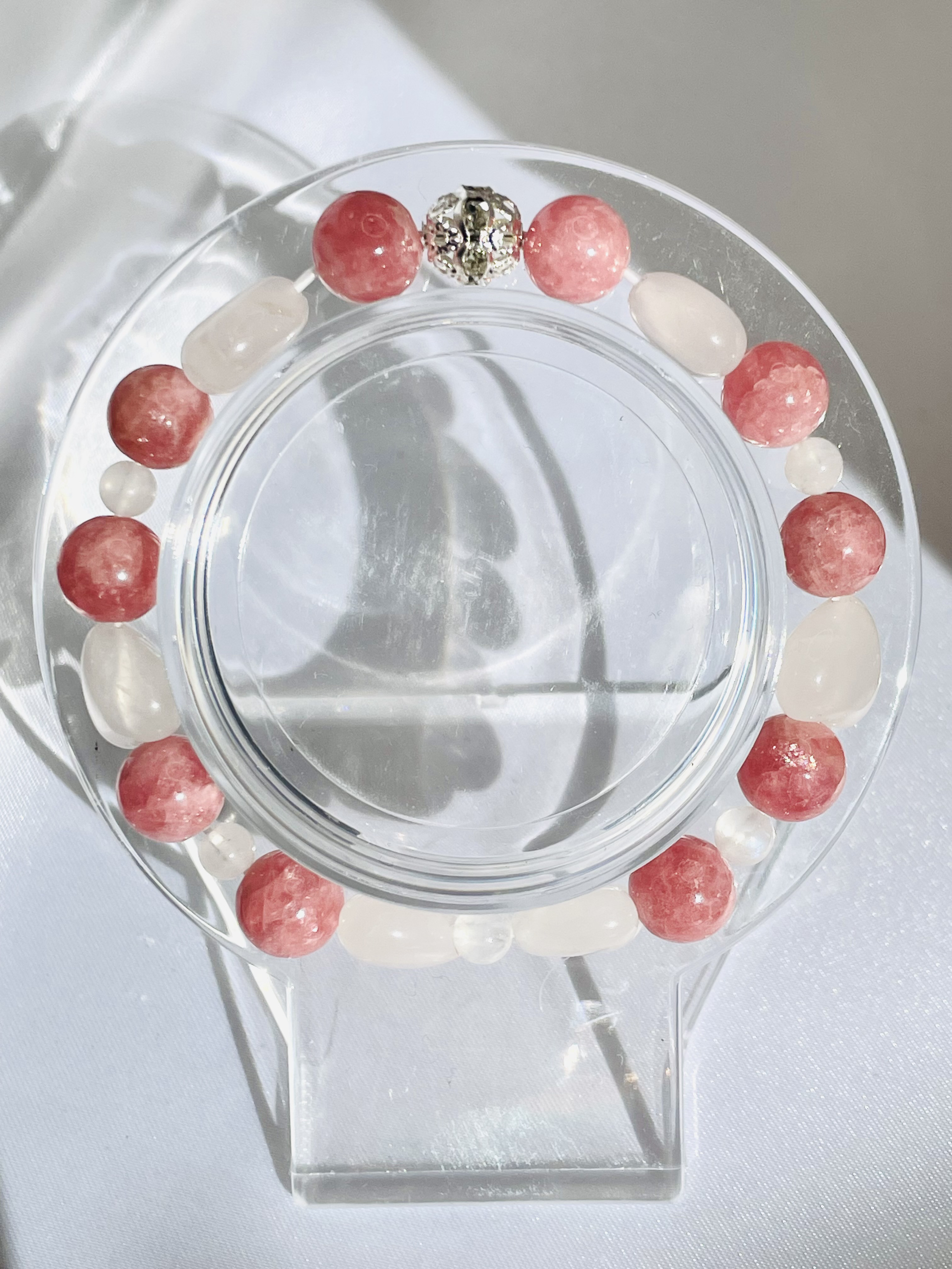 【天然石ブレスレット】内径15cm インカローズ/ローズクォーツ/ムーンストーン