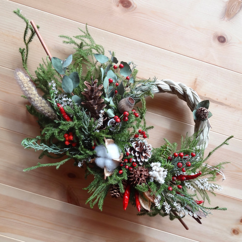 特大 42x25cm 正月飾り しめ縄 木の実 ノイバラの実 リース ドライ