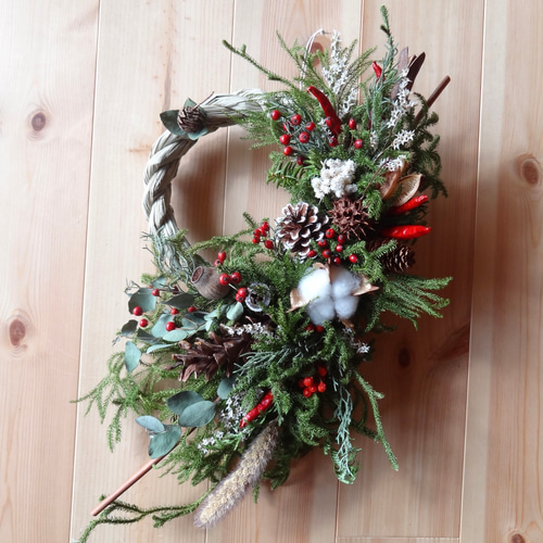 特大 42x25cm 正月飾り しめ縄 木の実 ノイバラの実 リース ドライ