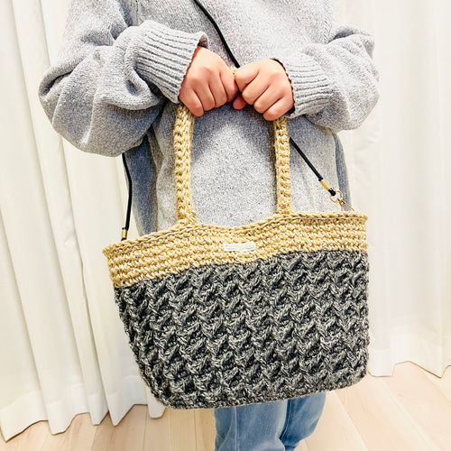 冬にぴったり！2wayダイヤモンドワッフル編みの麻紐ニットバッグ