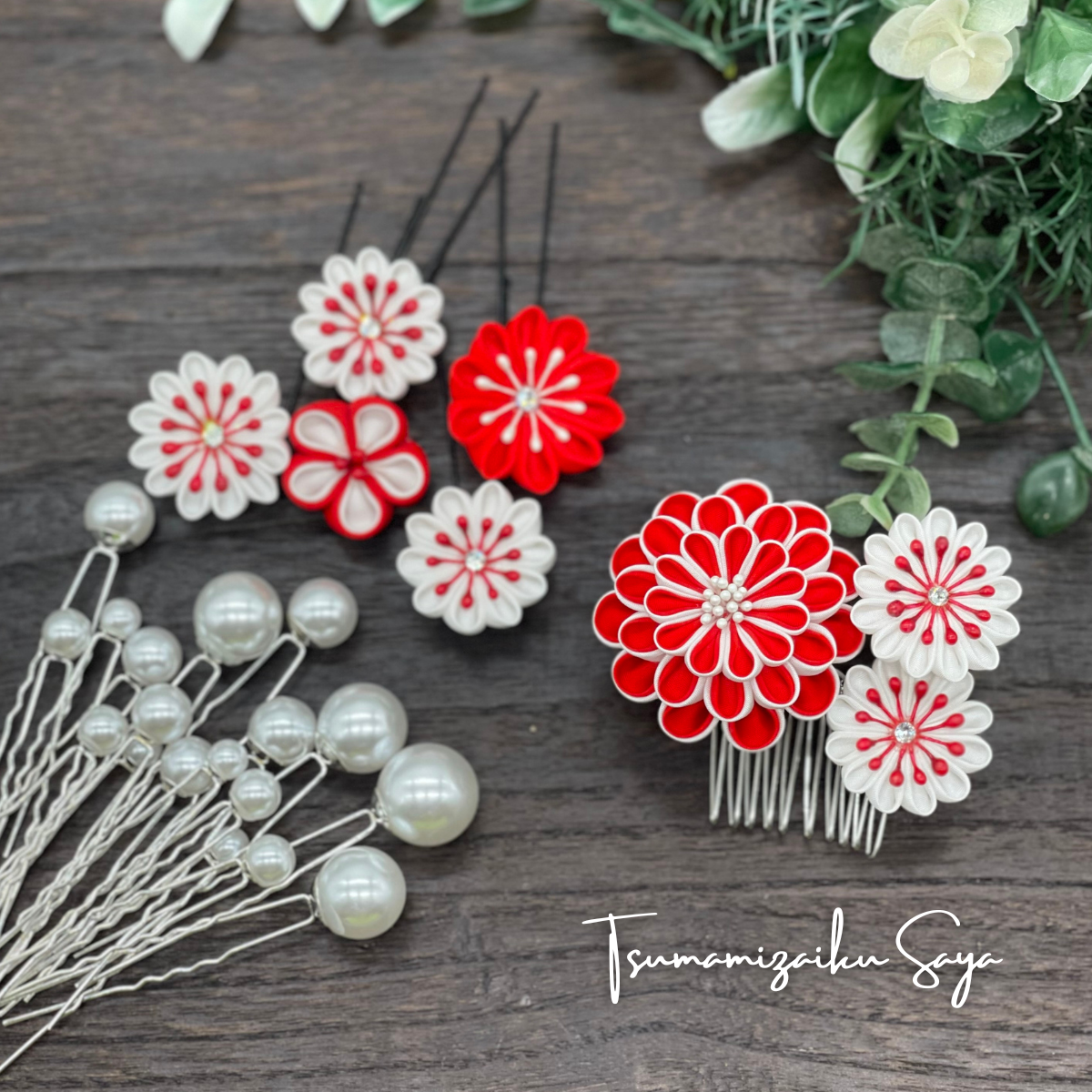 つまみ細工 髪飾り 成人式用髪飾り 前撮り ヘアアクセサリー 赤 卒業式 red-1