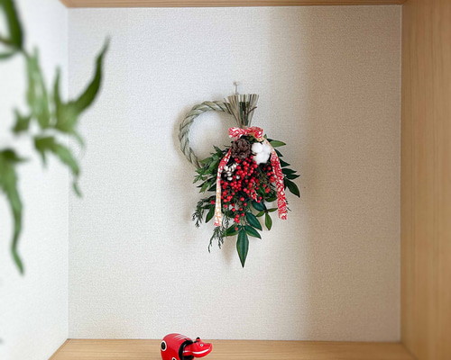 南天と千日紅のナチュラルクリスマスお正月しめ縄 南天と千日紅のナチュラルクリスマスお正月しめ縄