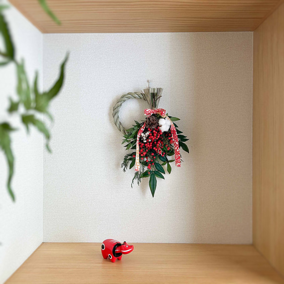 雪にゃん様　白縦型しめ縄リース No.240ハート型カラーしめ縄リース2024 ハンドメイドお正月飾り