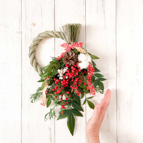 数量限定】ナンテンのフレッシュ正月飾り しめ縄リース 紅白しめ飾り