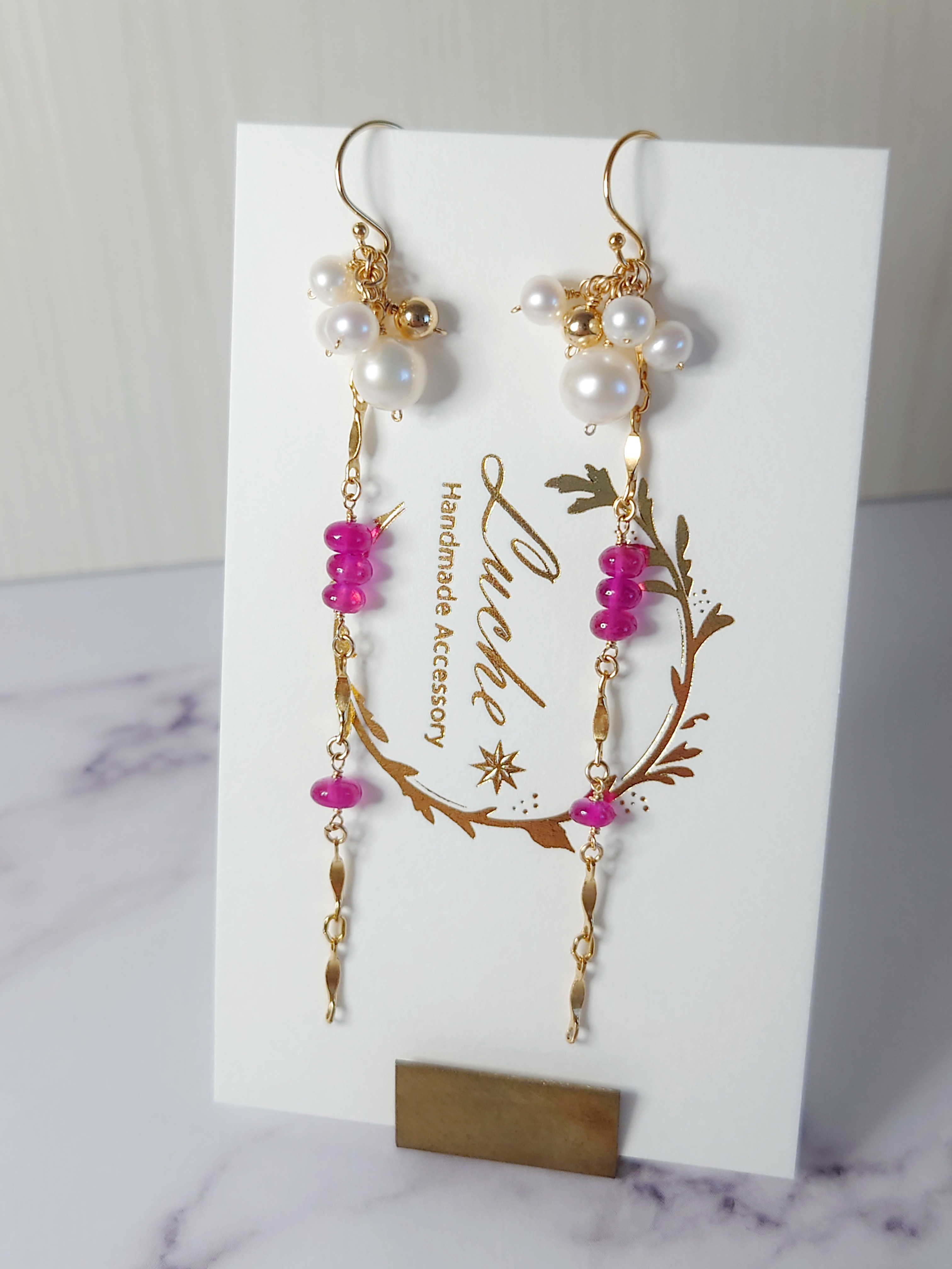 14kgf【2WAY】パールとルビーのロングピアス