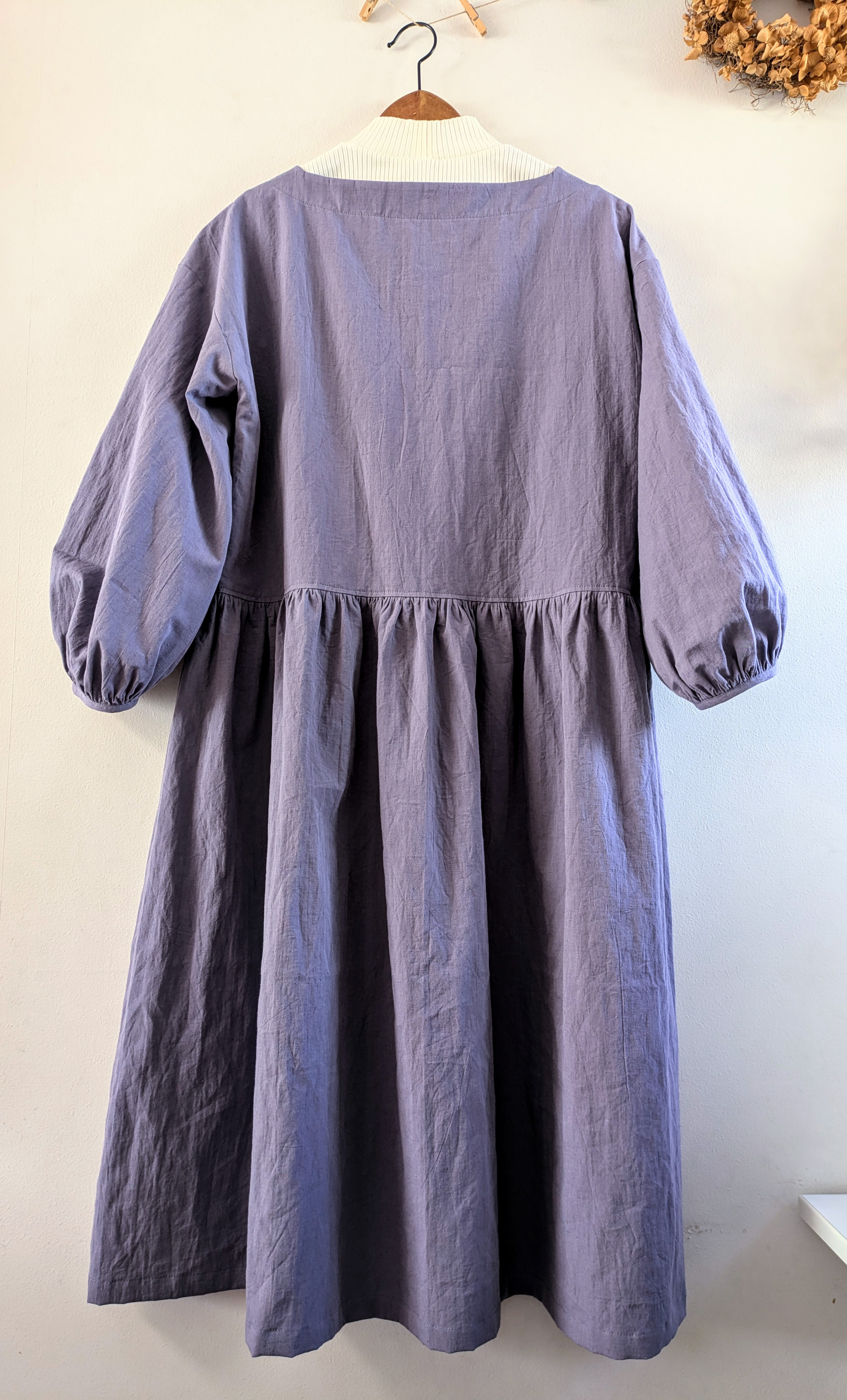 ☆受注制作☆バルーンスリーブワンピース＊ギャザー分量選べます＊綿麻/ブロード/グレイッシュラベンダー/スモーキーパープル