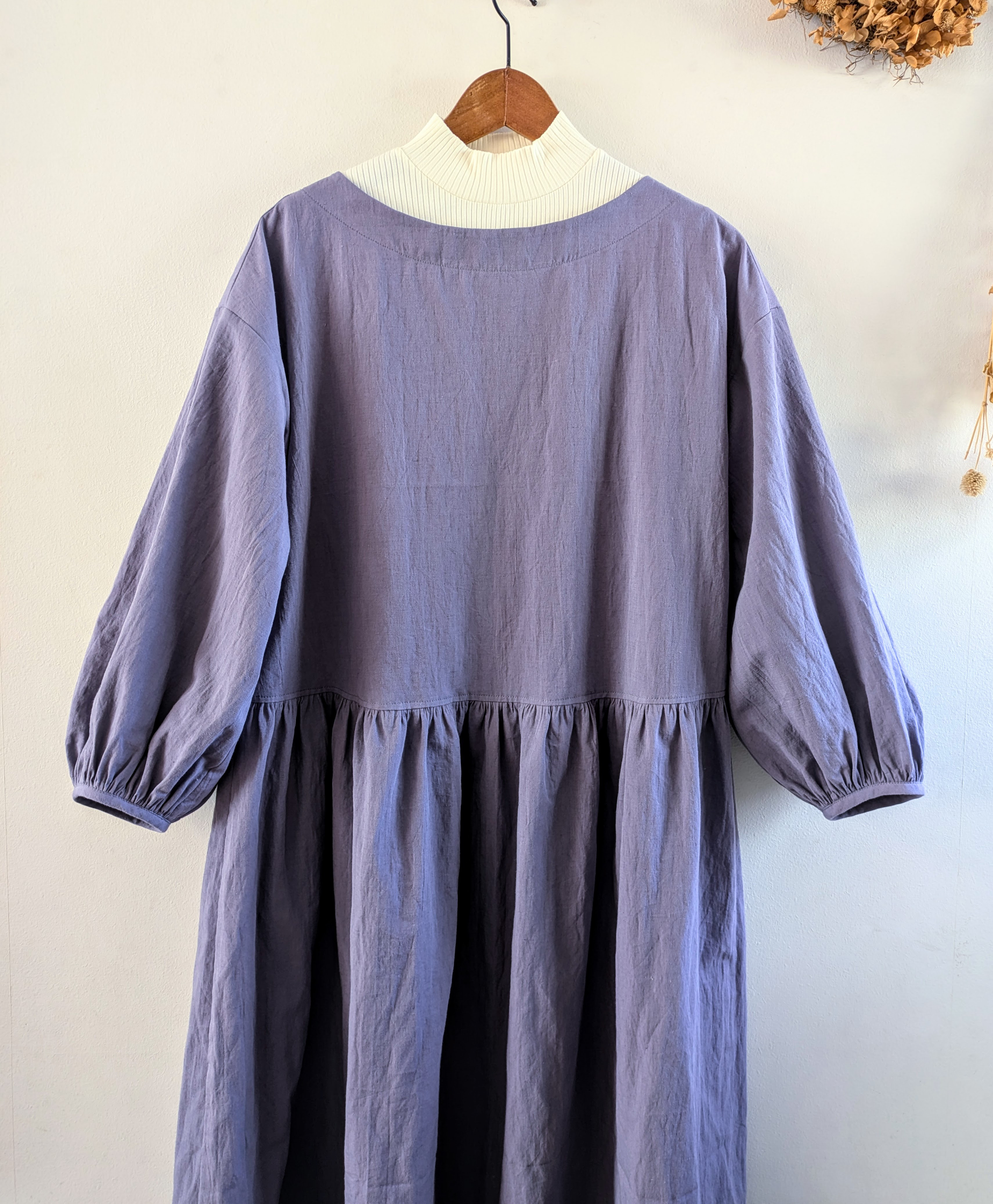 ☆受注制作☆バルーンスリーブワンピース＊ギャザー分量選べます＊綿麻/ブロード/グレイッシュラベンダー/スモーキーパープル