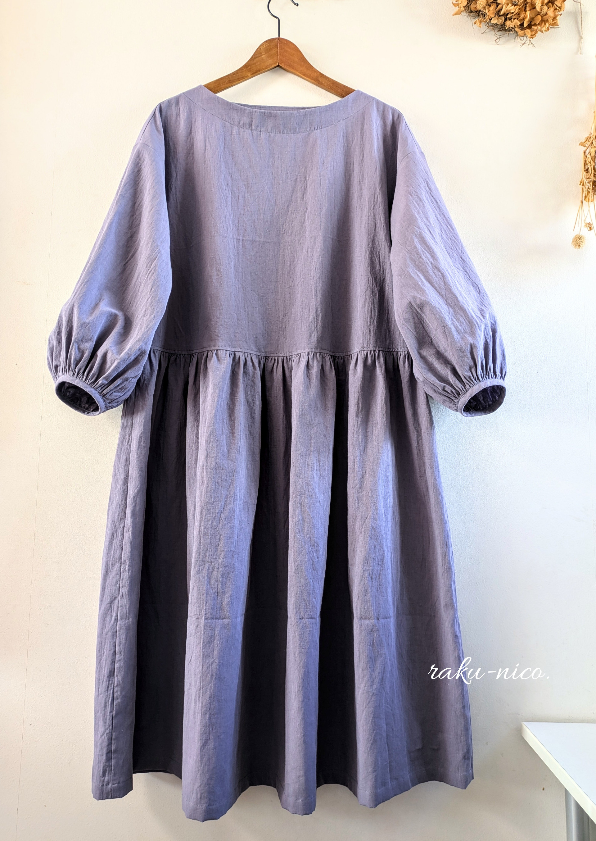 ☆受注制作☆バルーンスリーブワンピース＊ギャザー分量選べます＊綿麻/ブロード/グレイッシュラベンダー/スモーキーパープル