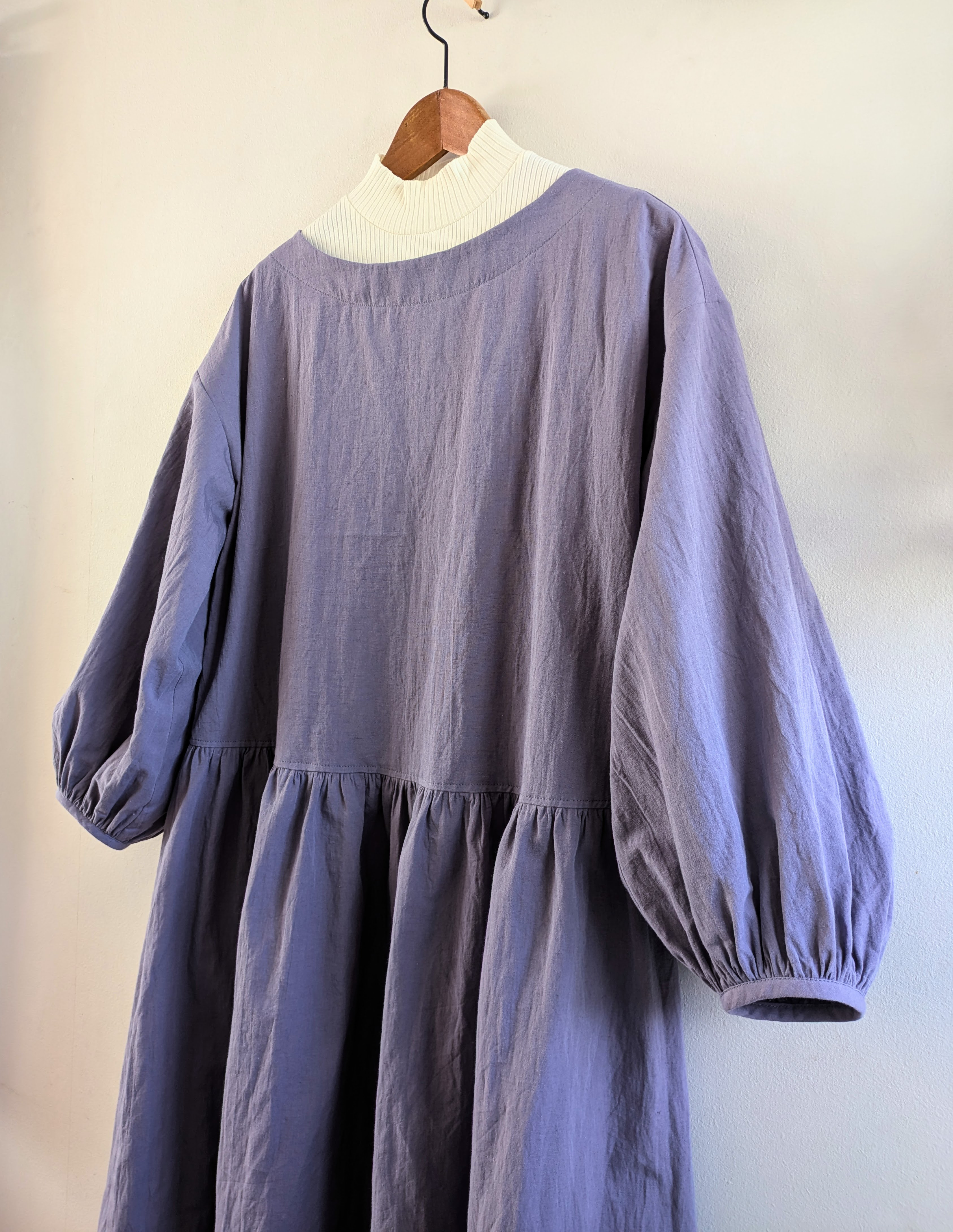☆受注制作☆バルーンスリーブワンピース＊ギャザー分量選べます＊綿麻/ブロード/グレイッシュラベンダー/スモーキーパープル