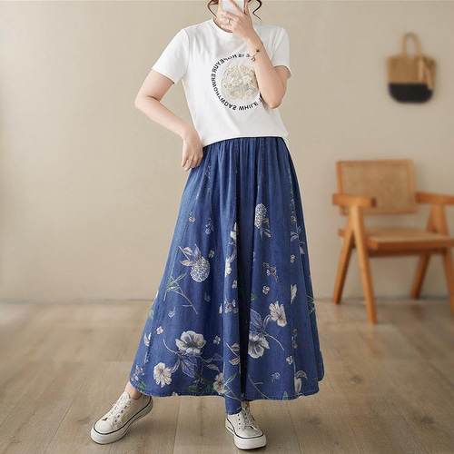大きいサイズ レディース 花柄 スカート 春夏 秋 新品 ブルー デニム 