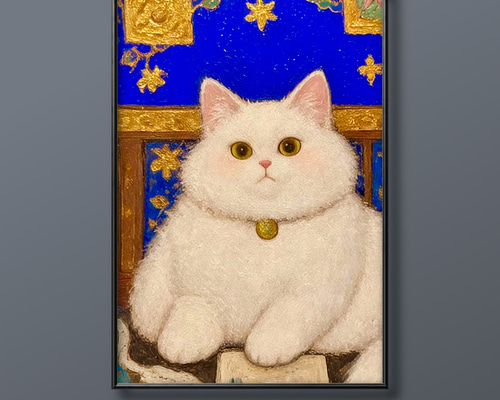猫ちゃん絵画 絵画 | イラストポスター 368☆ 【ぽっちゃりと太った白い猫ちゃん
