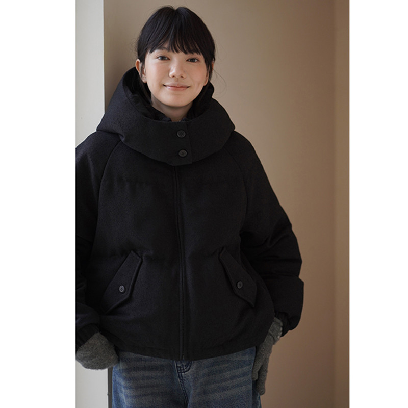 フード付きジャケット　中綿暖かいジャケット　生地表面顆粒感あり　ショートジャケット　ブラック　S-XL#639