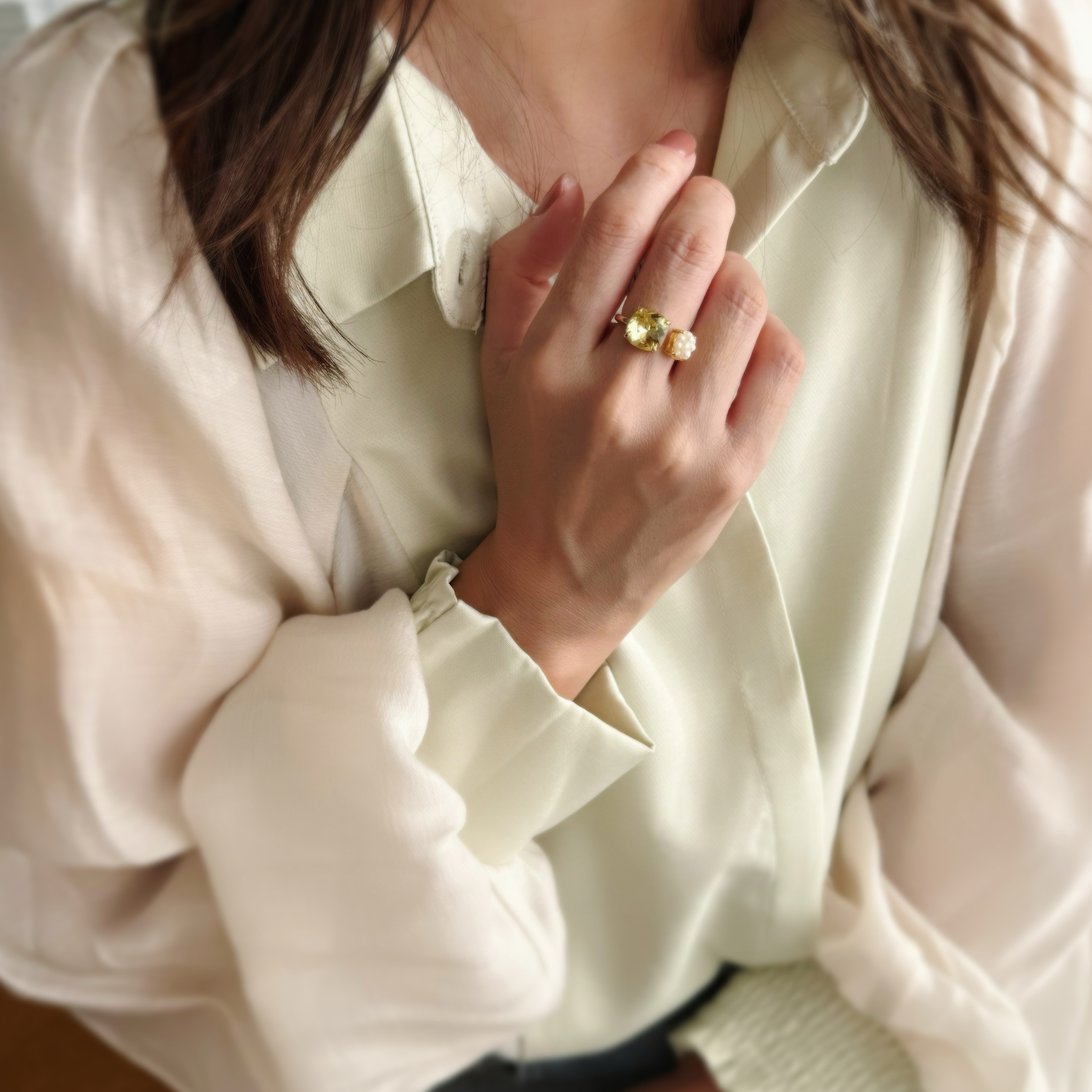 秋色 オープンリング 銀杏 × パール   / フリーサイズ  指輪 フォークリング