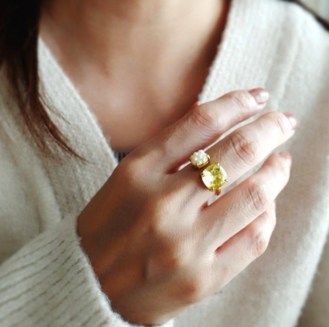 秋色 オープンリング 銀杏 × パール   / フリーサイズ  指輪 フォークリング