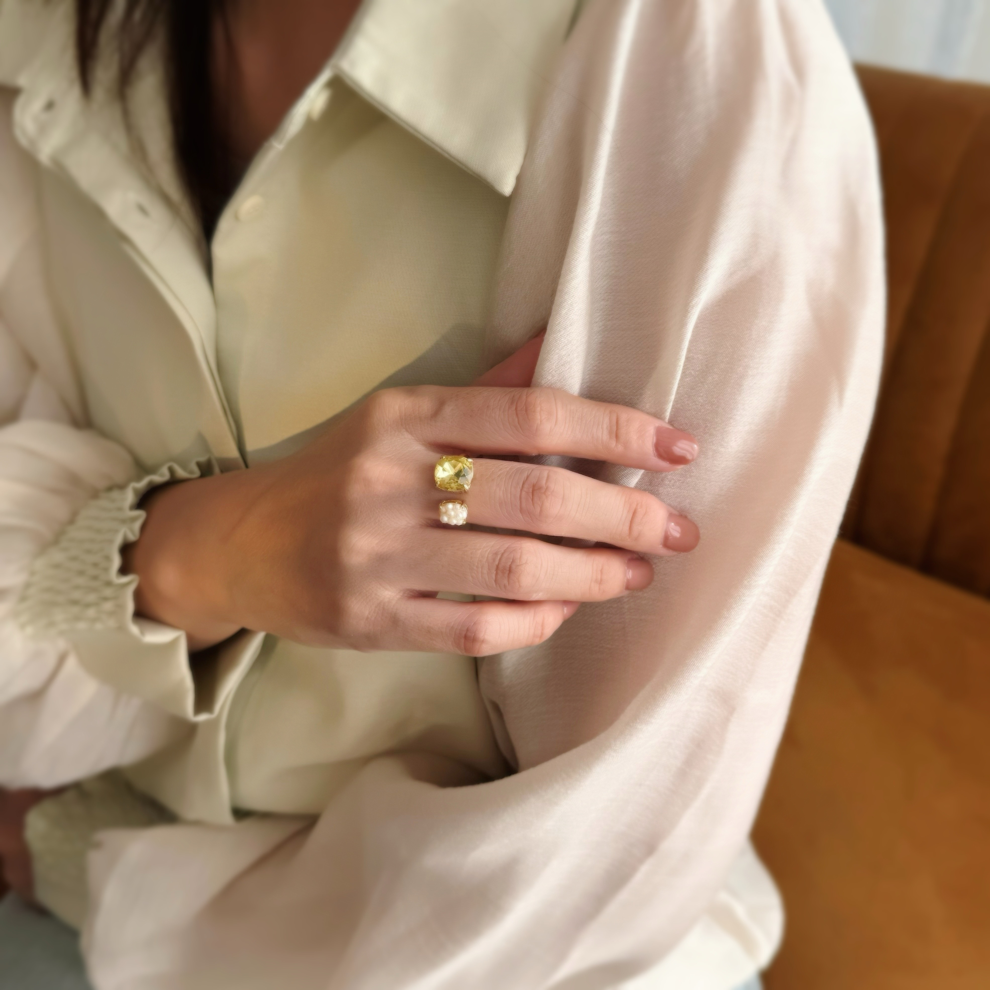 秋色 オープンリング 銀杏 × パール   / フリーサイズ  指輪 フォークリング