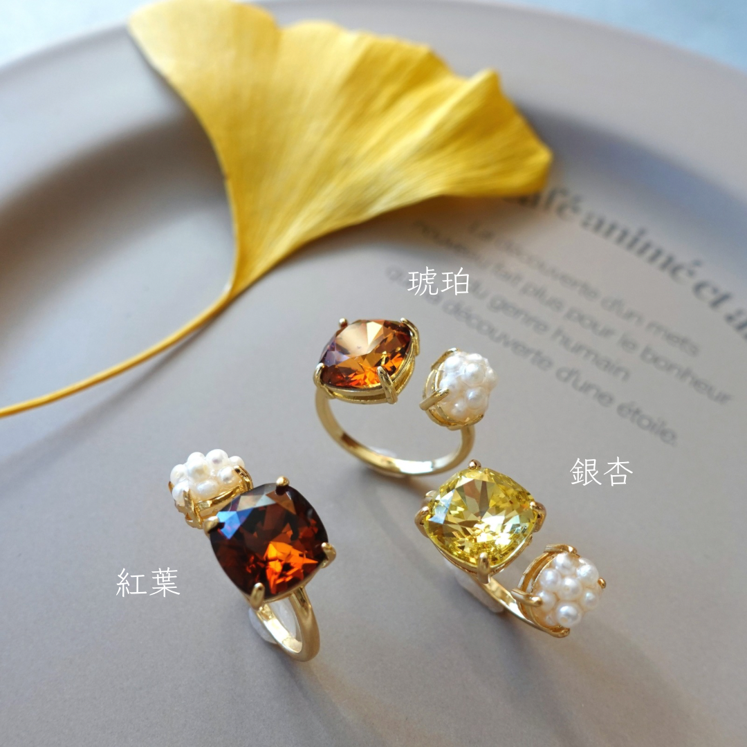 秋色 オープンリング 銀杏 × パール   / フリーサイズ  指輪 フォークリング