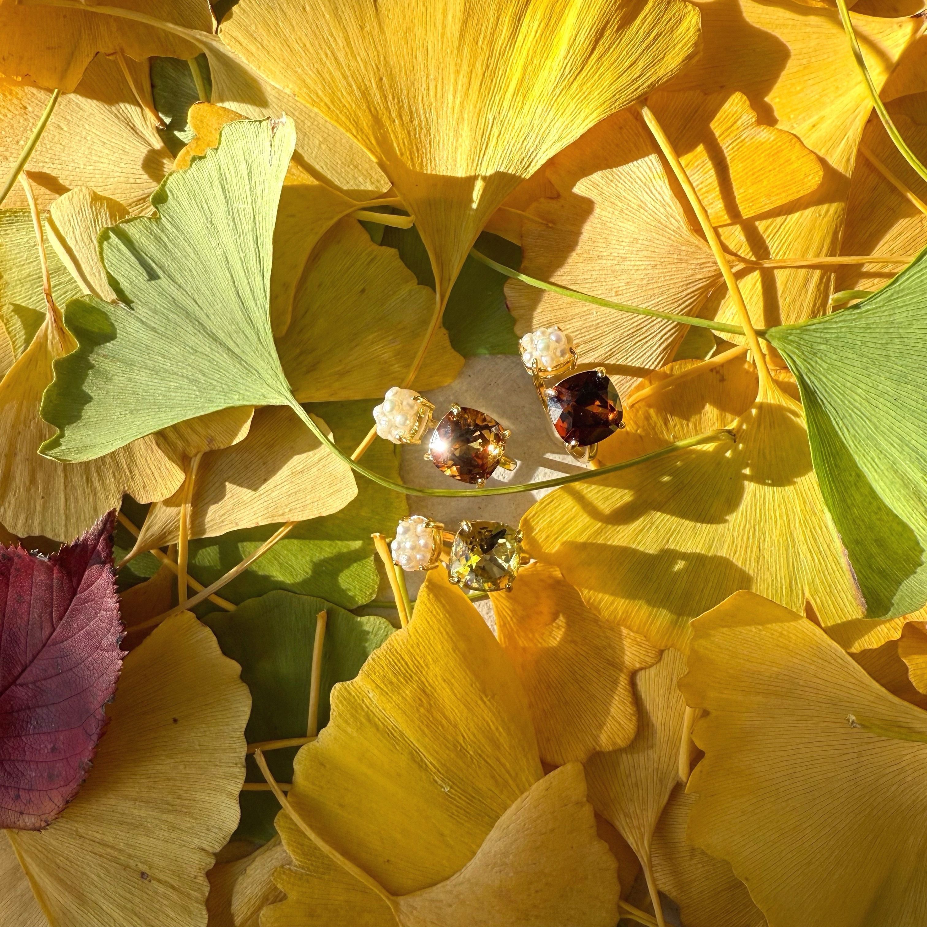 秋色 オープンリング 銀杏 × パール   / フリーサイズ  指輪 フォークリング