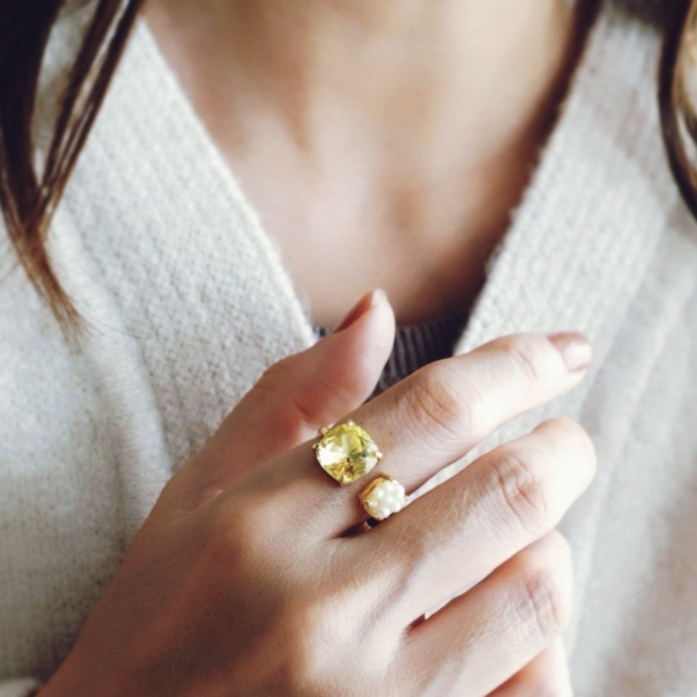 秋色 オープンリング 銀杏 × パール   / フリーサイズ  指輪 フォークリング