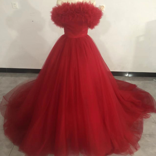 オフショルダー チュールドレス レッド チュチュ カラードレス オフショルダーパーツ 赤 レッド(チュール) 【結婚