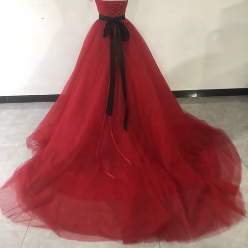 カラードレス 赤 ベアトップ サッシュベルト チュールスカート Aライン  