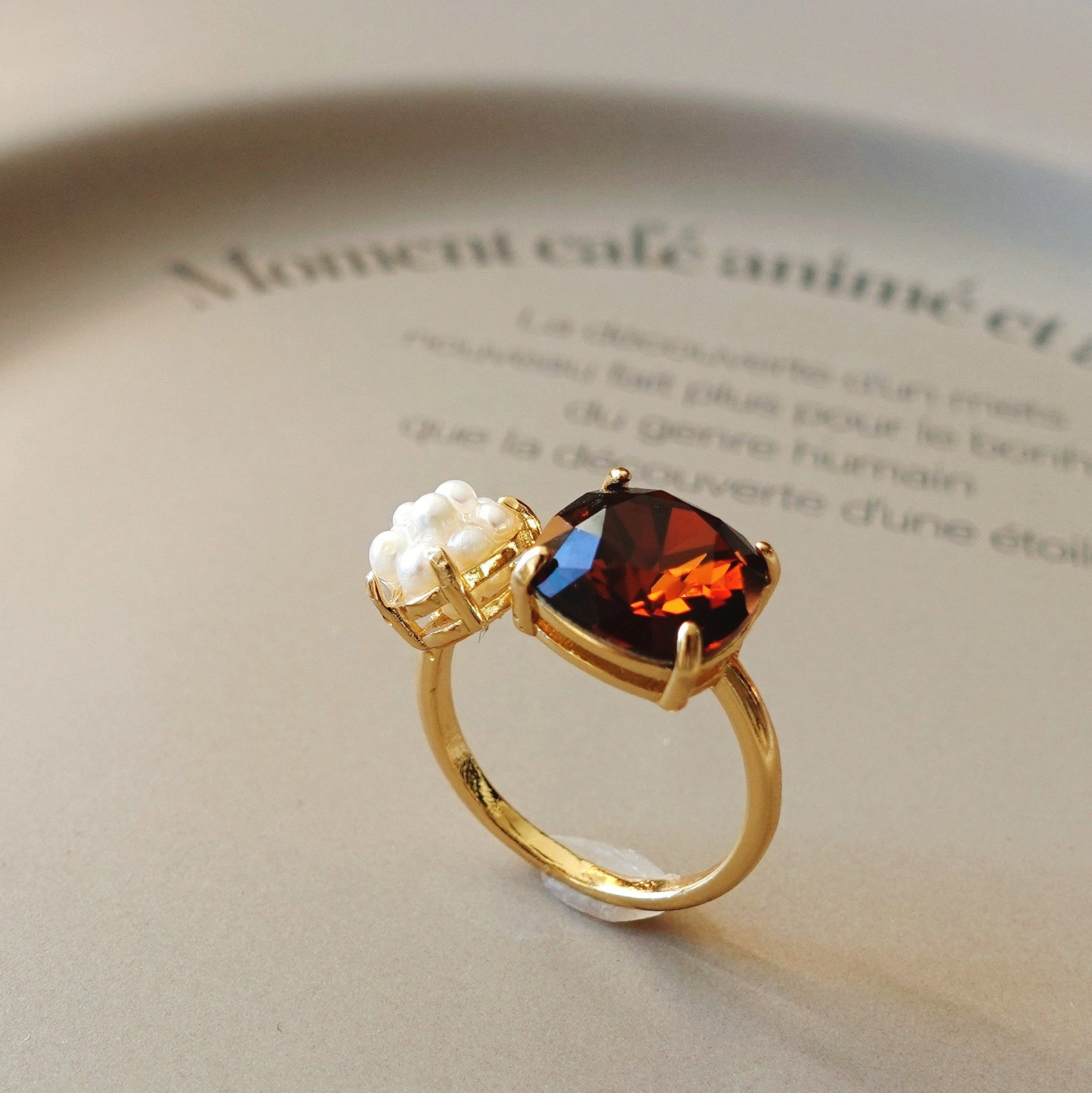 秋色 オープンリング 紅葉 × パール  / フリーサイズ  指輪 フォークリング