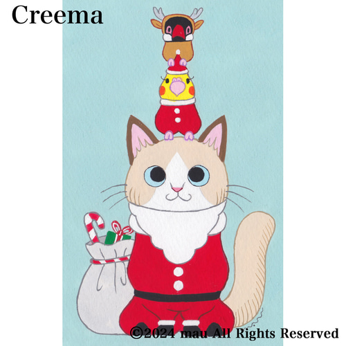 原画「ラグドール（ラガマフィン）と小鳥ブレーメンのクリスマス