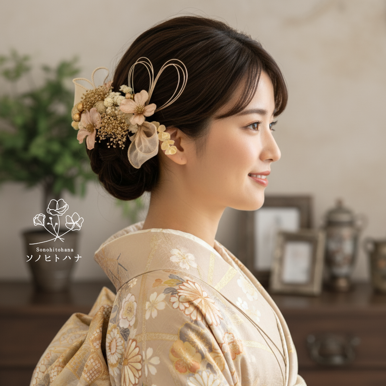 【結婚式・成人式・卒業式】ハナミズキ×リボンの髪飾り｜振袖・袴・白無垢・色打掛に　ベージュ　KA-2406BE