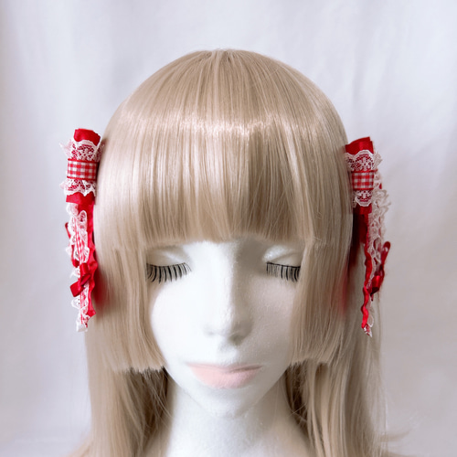 リボンクリップ 2個セット ギンガムチェック 赤 地雷系 量産系 ヘア