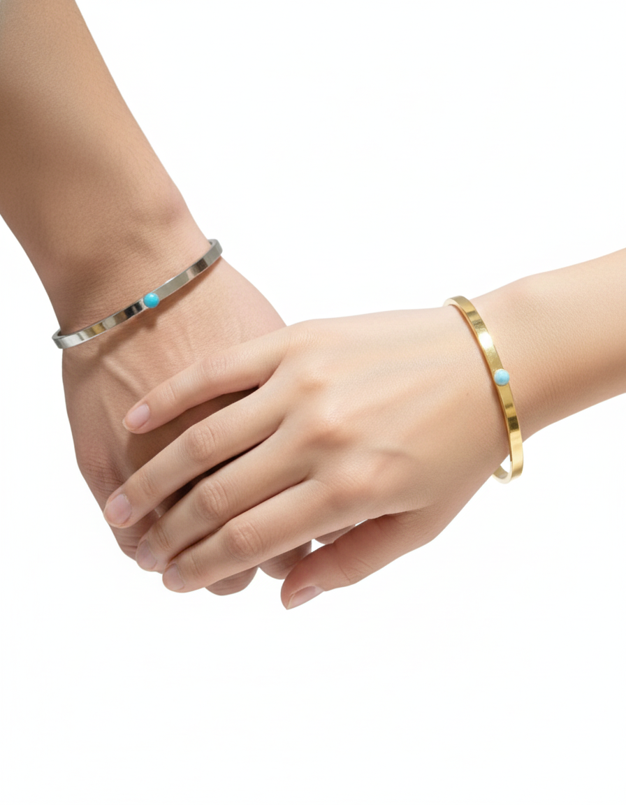 絆を深めるシンプルペアブレスレットセット シルバー ターコイズ ゴールド ラリマー バングル サージカルステンレス