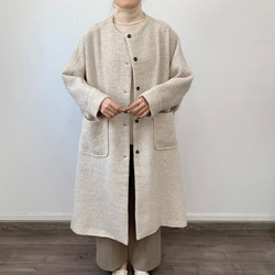 en-enウール混紡・点々ツイード・ドルマン袖コート・ベージュ×白