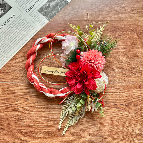 No.360 紅白しめ縄リース2025 ハンドメイドお正月飾り玄関リース