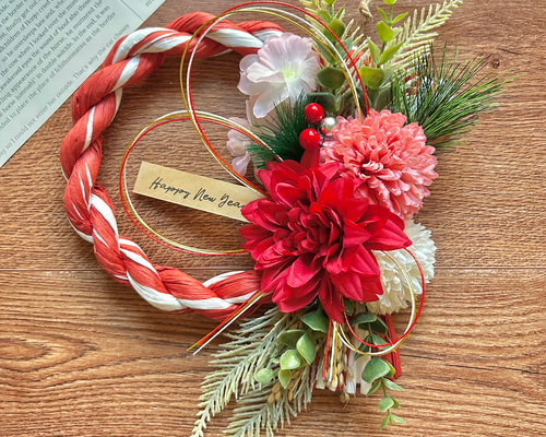 No.360 紅白しめ縄リース2025 ハンドメイドお正月飾り玄関リース