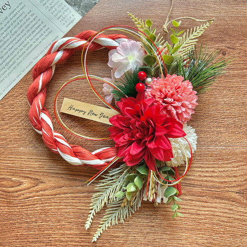 しめ飾り正月リースしめ縄フラワーリース☆*White✖︎Red