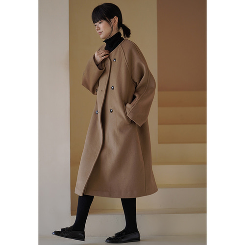 100%ウールロングコート ウールツイード生地ロングコート 2列ボタン