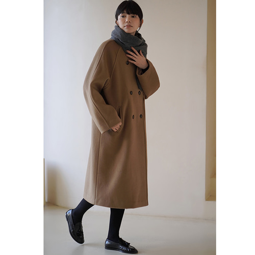 100%ウールロングコート ウールツイード生地ロングコート 2列ボタン