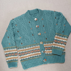 アランと編込み模様のターコイズブルーカーディガン 3枚目の画像