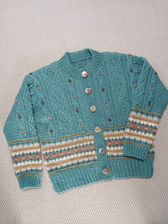 アランと編込み模様のターコイズブルーカーディガン 3枚目の画像