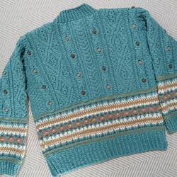 アランと編込み模様のターコイズブルーカーディガン 4枚目の画像